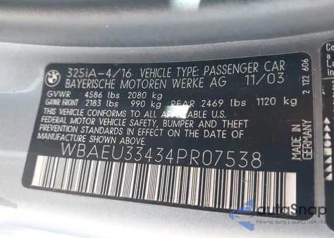 2004 BMW 325Xi из США, поврежденный, VIN WBAEU33434PR07538